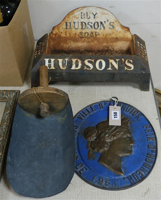 A Hudson soap display stand, a shovel and a French plaque